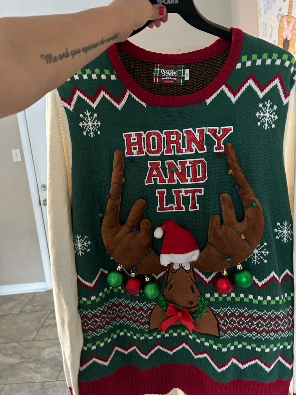Spencer's Green, Red & Cream 'Horny and Lit' Moose Sweater